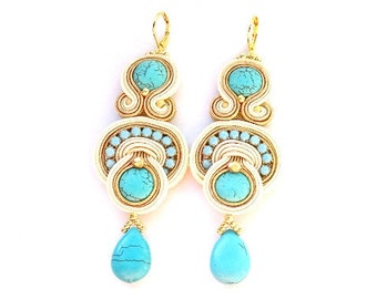 Turquoise gold drop earrings, oriental soutache earrings, long dangle earrings,  turquoise dangle earrings