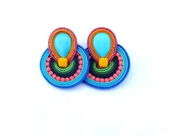 Boho Clip On Earrings, Colorful Soutache Earrings