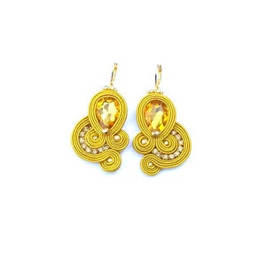 Yellow Gold Mustard Earrings, Dangle Earrings, Soutache Earrings with Crystals, Mustard Earrings, Yellow Gold earrings