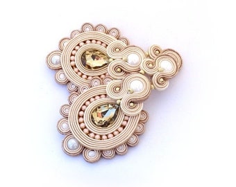 Bridal Statement Earrings, Beige Clip On Earrings, Soutache Earrings, Big Wedding Earrings