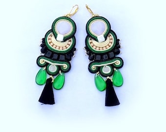 Emerald Drop Earrins, Long Tassel Earrings, Soutache Earrins, Green Black Earrins, Gold Earrings