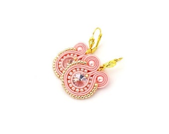 Pale pink dangle earrings, soutache earrings, small hoop earrings, gold filled earrings