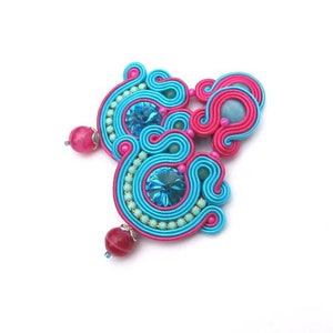 Oriental turquoise earrings, soutache clip-on earrings, blue and pink earrings with crystals, handmade earrings image 3