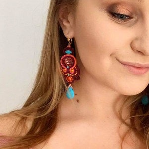 long burgundy dangle drop earrings, oversized soutache earrings with turquoise