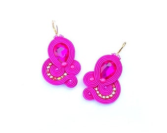 Fuchsia Pink Earrings, Dangle Earrings, Soutache Earrings with Crystals, Pink Earrings, Fuchsia earrings