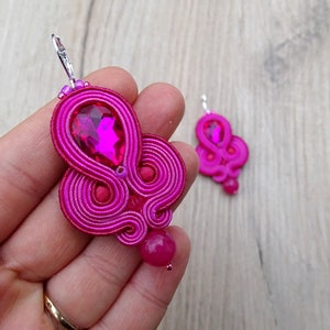 hot pink dangle earrings, soutache earrings with crystals, handmade earrings gift for her