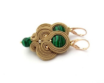 green malachite earrings, gold soutache earrings, green dangle earrings with stones