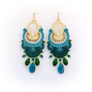 Turquoise Dangle Earrings, Teal Soutache Earrings, Emerald Long Statement Earrings, Turquoise Teal and Emerald earrings