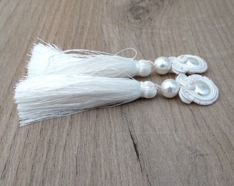 White bridal clip-on earrings with long silk tassels, soutache earrings, boho wedding earrings