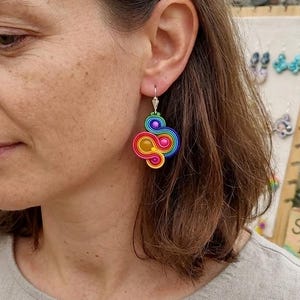 Rainbow Soutache Dangle Earrings: Handmade Beaded Jewelry
