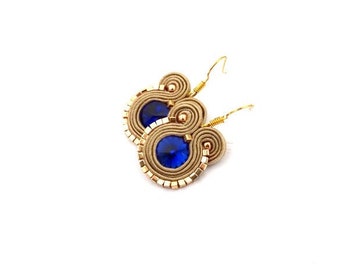 Cobalt blue dangle earrings, gold soutache earrings with rivoli crystals