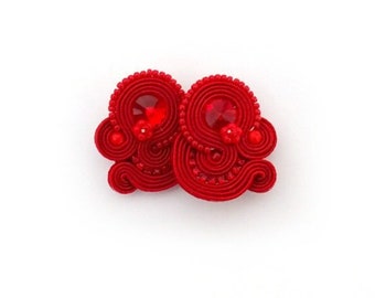 Red Clip On Earrings, Soutache Earrings, crystals earrings, embroidered earrings, vintage style earrings