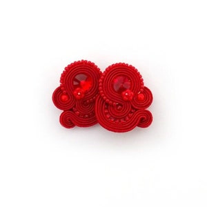 Red Clip On Earrings, Soutache Earrings, crystals earrings, embroidered earrings, vintage style earrings