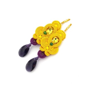 yellow dangle earrings, long purple earrings, cristal earrings, soutache earrings, yellow and purple