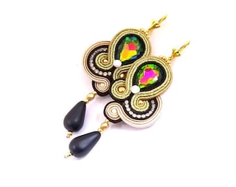 Gold Dangle earrings, Long Drop Earrings, Soutache Earrings with Vitrail Crystals, Glamour Dangle Drop Earrings