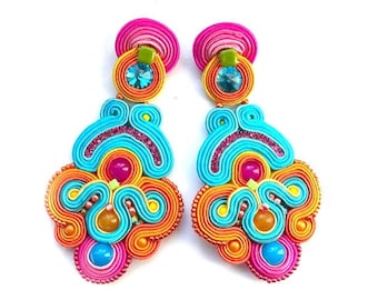 festive statement earrings, colorful soutache clip-on earrings