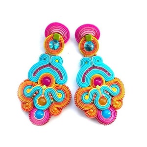festive statement earrings, colorful soutache clip-on earrings
