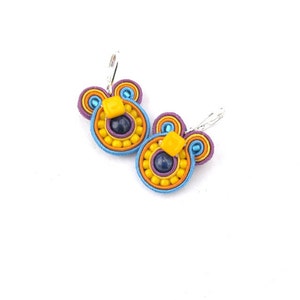 Colorful soutache earrings, beaded dangle earrings, small round earrings, handmade earrings from Poland, yellow earrings purple image 1