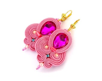 Party-Ready Soutache Earrings in Candy Pink - Sparkling Dangles with Crystal Accents