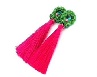 emerald green earrings, long tassel earrings, pink clip on earrings, soutache earrings, pink rivoli earrings