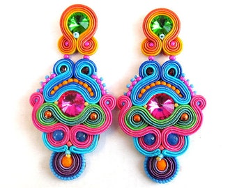 Long Clip On Earrings Unique  Colorful Soutache Earrings Long Statement Beaded Earrings