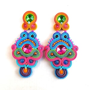 Long Clip On Earrings Unique  Colorful Soutache Earrings Long Statement Beaded Earrings