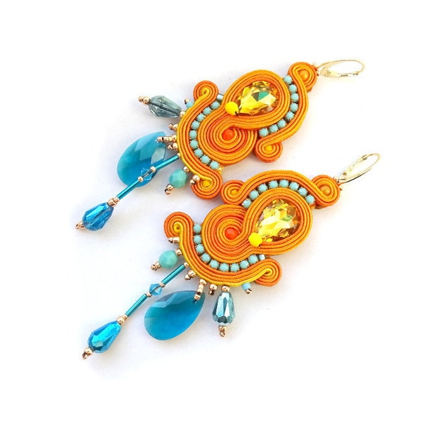 orange soutache ohrringe, petrol blaue ohrringe, lange baumeln ohrringe mit tropfen kristallen