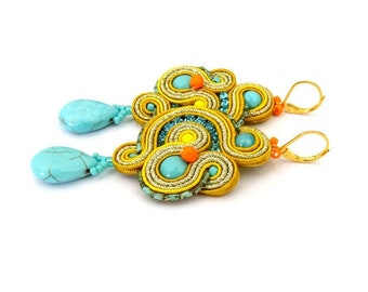 Soutache earrings, gold earrings dainty, turquoise earrings, long teardrop earrings, vintage style jewelry