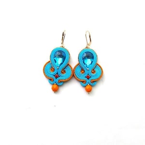 Blue turquoise soutache earrings, glamour style earrings, Handmade leather earrings , rhinestone earrings