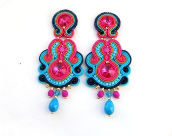 Statement clip on earrings, fuchsia pink soutache earrings, long earrings with crystals