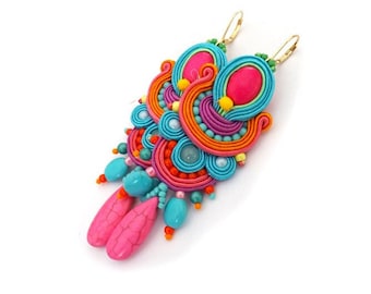 colorful boho earrings, long dangle soutache earrings, summer bright earrings