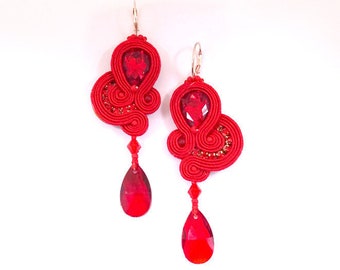 Red dangle earrings, teardrop earrings, soutache jewelry, long red drop earrings, swarovski earrings, statement earrings