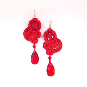 Red dangle earrings, teardrop earrings, soutache jewelry, long red drop earrings, swarovski earrings, statement earrings