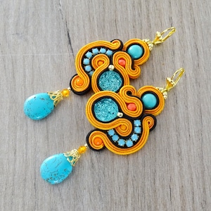 Long dangle earrings - handmade soutache earrings - modern earrings - statement embroidered jewelry - orange drop earrings