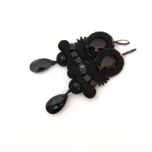 black teardrop earrings, , long dangle drop earrings, soutache earrings with crystals