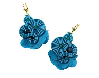 Teal green soutache earrings, statement Flower earrings