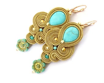 Long gold dangle earrings, turquoise earrings, nude soutache earrings, blue bohemian earrings