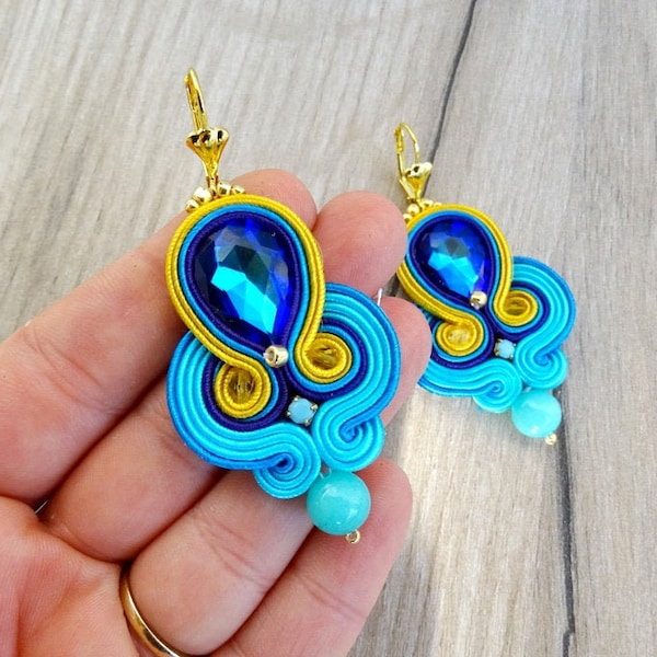 blue dangle drop earrings, soutache earrings with crystals and gems