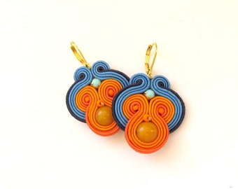 Turquoise Dangle Earrings, Handmade Soutache Earrings, Blue and Orange Earrings, Soutache Jewelry