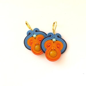 Turquoise Dangle Earrings, Handmade Soutache Earrings, Blue and Orange Earrings, Soutache Jewelry