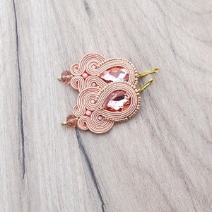 Blush and Gold Dangle Earrings, Handmade Soutache Earrings with Crystals , Blush crystal earrings, Sparkling gold earrings