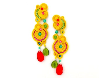 Unique Yellow Soutache Long Clip-On Earrings - Stand Out with Style