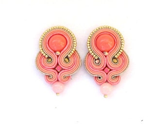 Coral Clip On Earrings, Soutache Earrings, Coral Peach and Gold Earrings, Handmade Jewelry, non pierced ears, sensitive ears