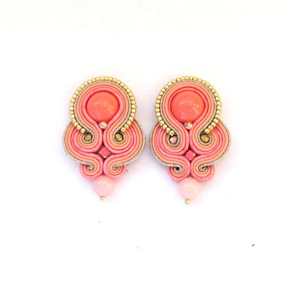 Coral Clip On Earrings, Soutache Earrings, Coral Peach and Gold Earrings, Handmade Jewelry, non pierced ears, sensitive ears