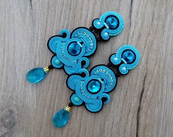 long blue clip-on earrings, statement soutache earrings, turquoise earrings with crystals