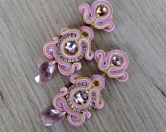 pink statement earrings, soutache earrings , clipon earrings, long drop earrings with crystals