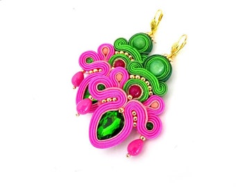 Green and Fuchsia Earrings, big statement crystal earrings, gold filled soutache earrings