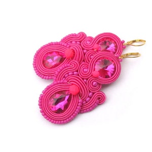 Pink Dangle Earrings, Soutache Earrings with Crystals, Handmade Fuchsia Pink Earrings, Dangle Earrings, Pink Earrings, Soutache Earrings
