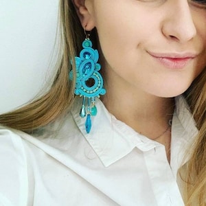 very long turquoise earrings with crystals, statement soutache earrings for woman
