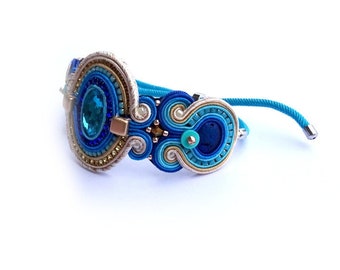 Blue cuff bracelet, statement bracelet with rhinestones and adjustable closure, soutache jewelry